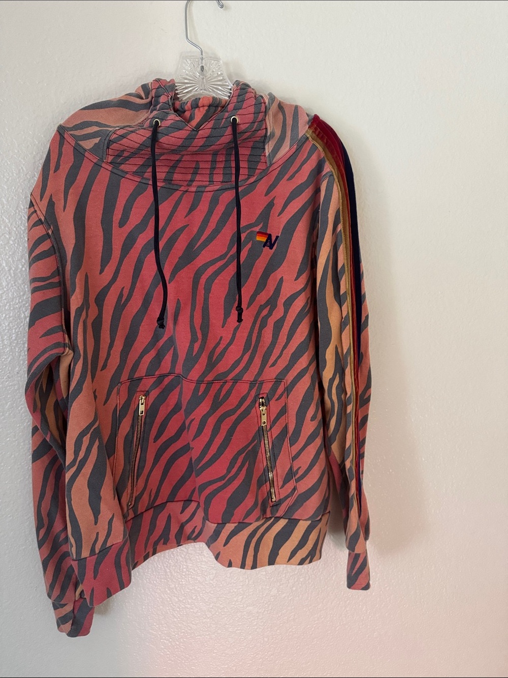 Aviator Nation Ninja Hoodie with Tiger print and velvet AN stripes XL